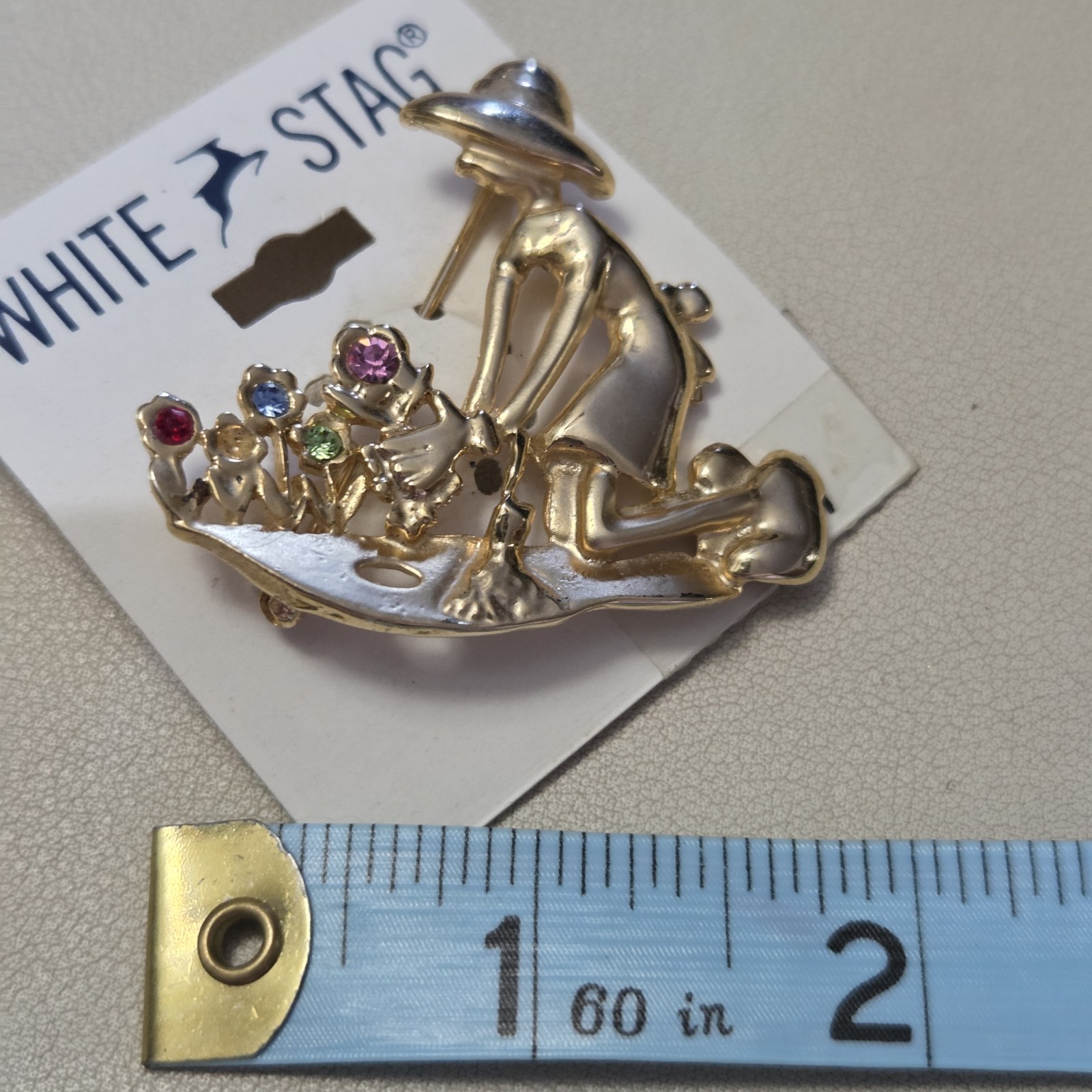 Vintage WHITE STAG Gold Tone Gardener Multi-colored Rhinestone Brooch AS IS