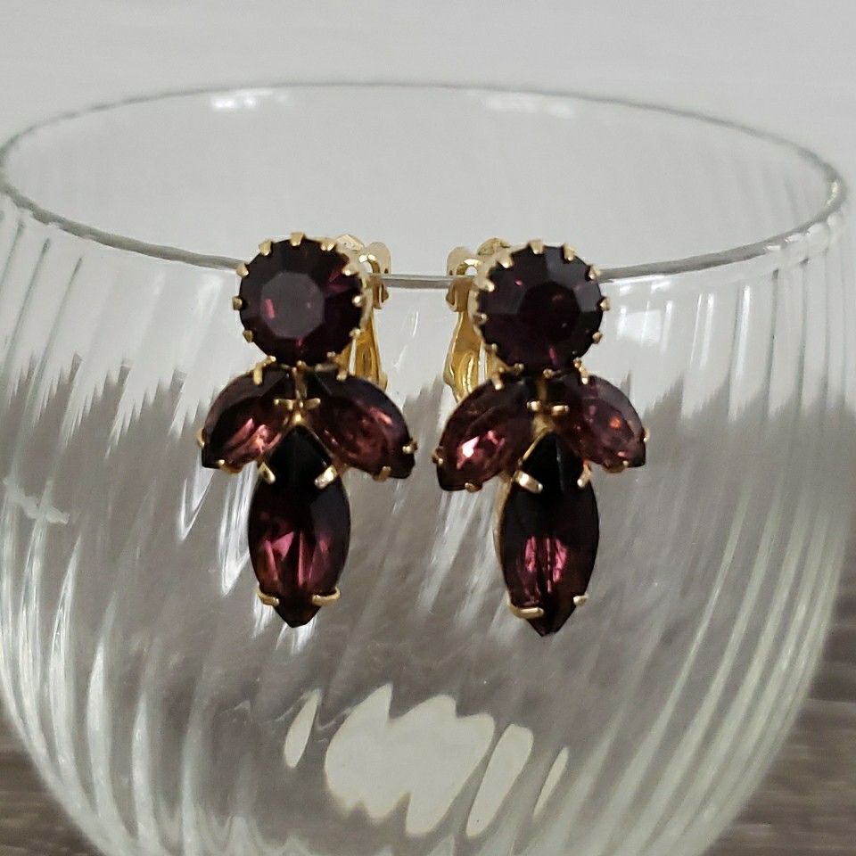 Vintage Purple Cluster Navette Prong Earrings Clip On Gold Tone