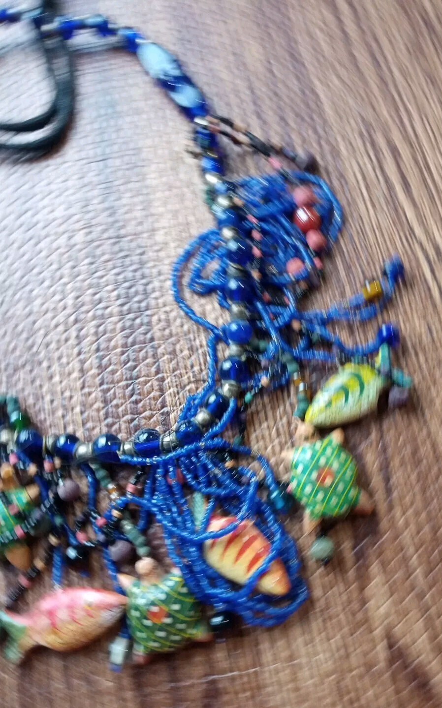 Vtg Boho Necklace Hand Painted Fish Turtles Intricately Beaded Looped Dangles