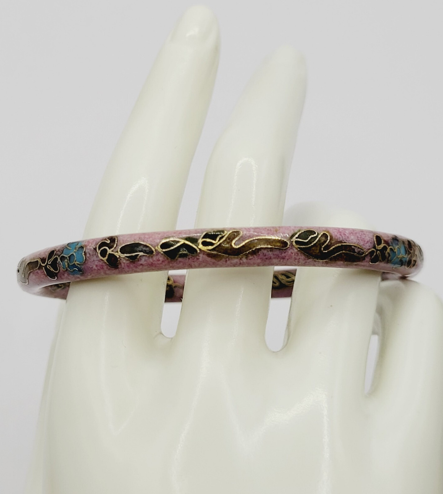 Cloisonné Asian Inspired Rose Mauve Color Floral Hand Painted Bangle Bracelet