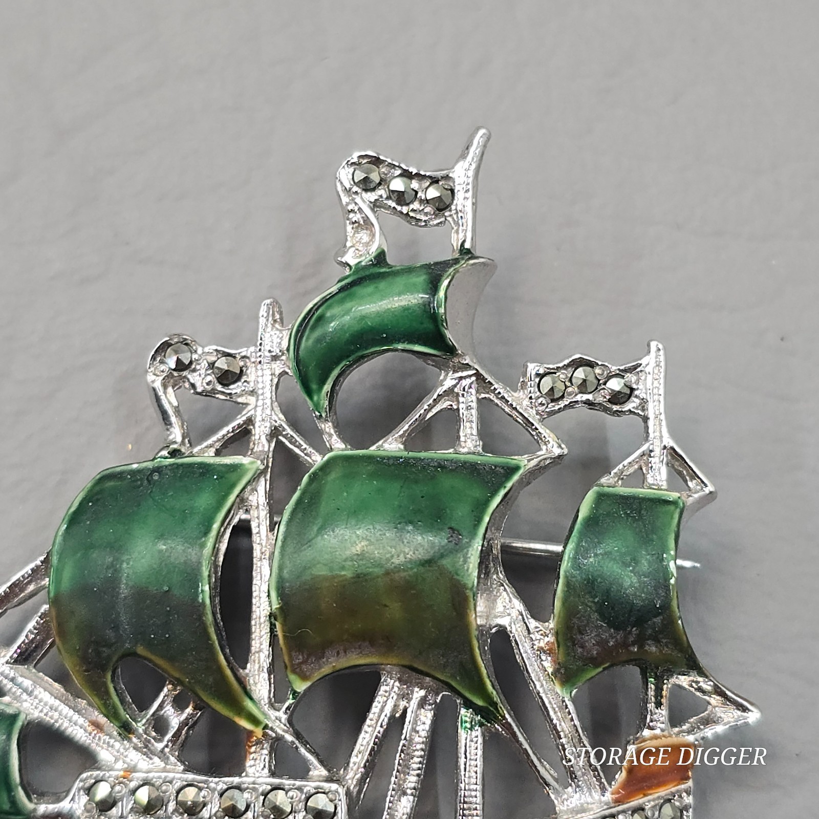 Vintage German Enamel Metal & Marcasite Galleon Ship Brooch Pin 1.75″ Long