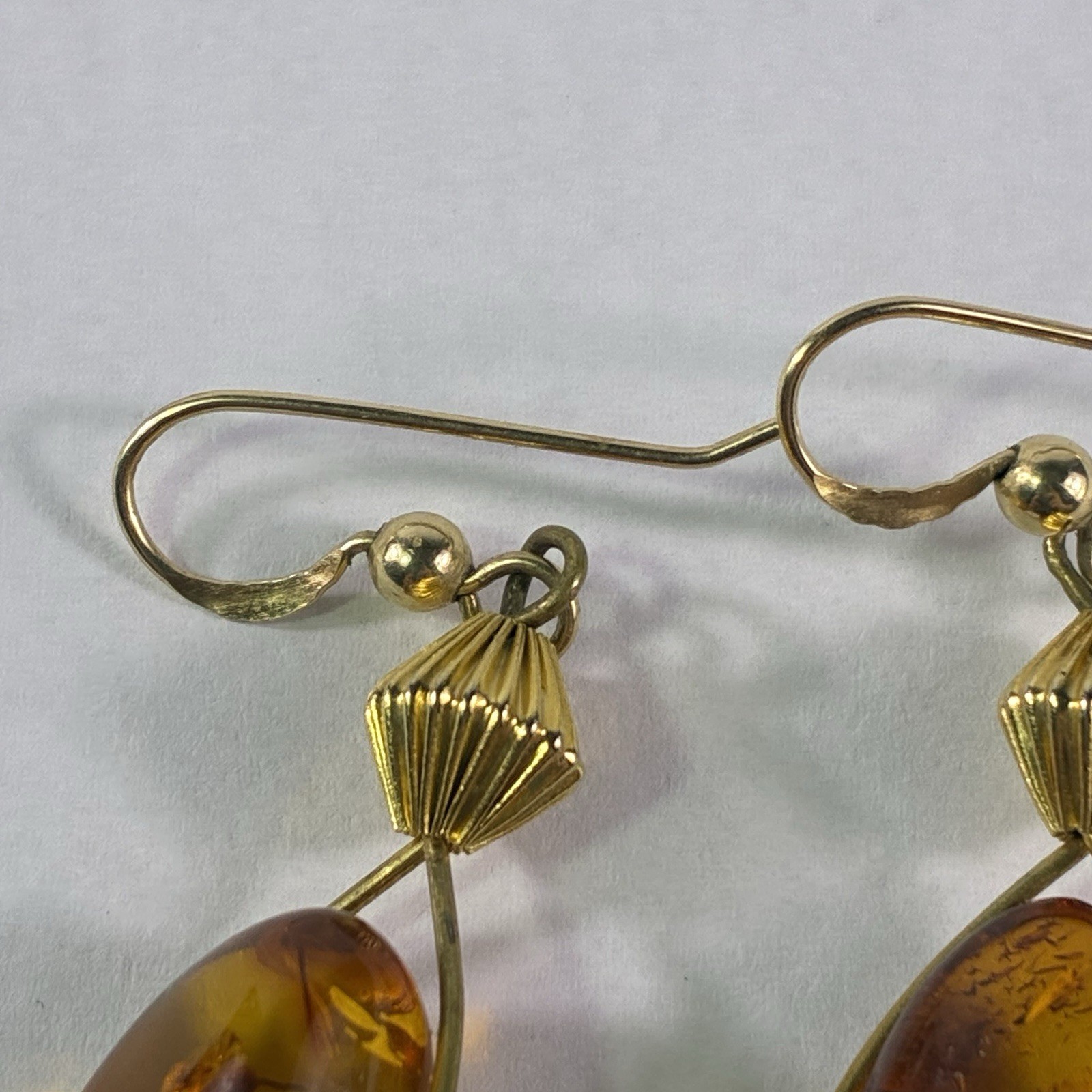 14K Gold Genuine Baltic Honey Amber Yellow Dangle Drop Earrings Art Deco