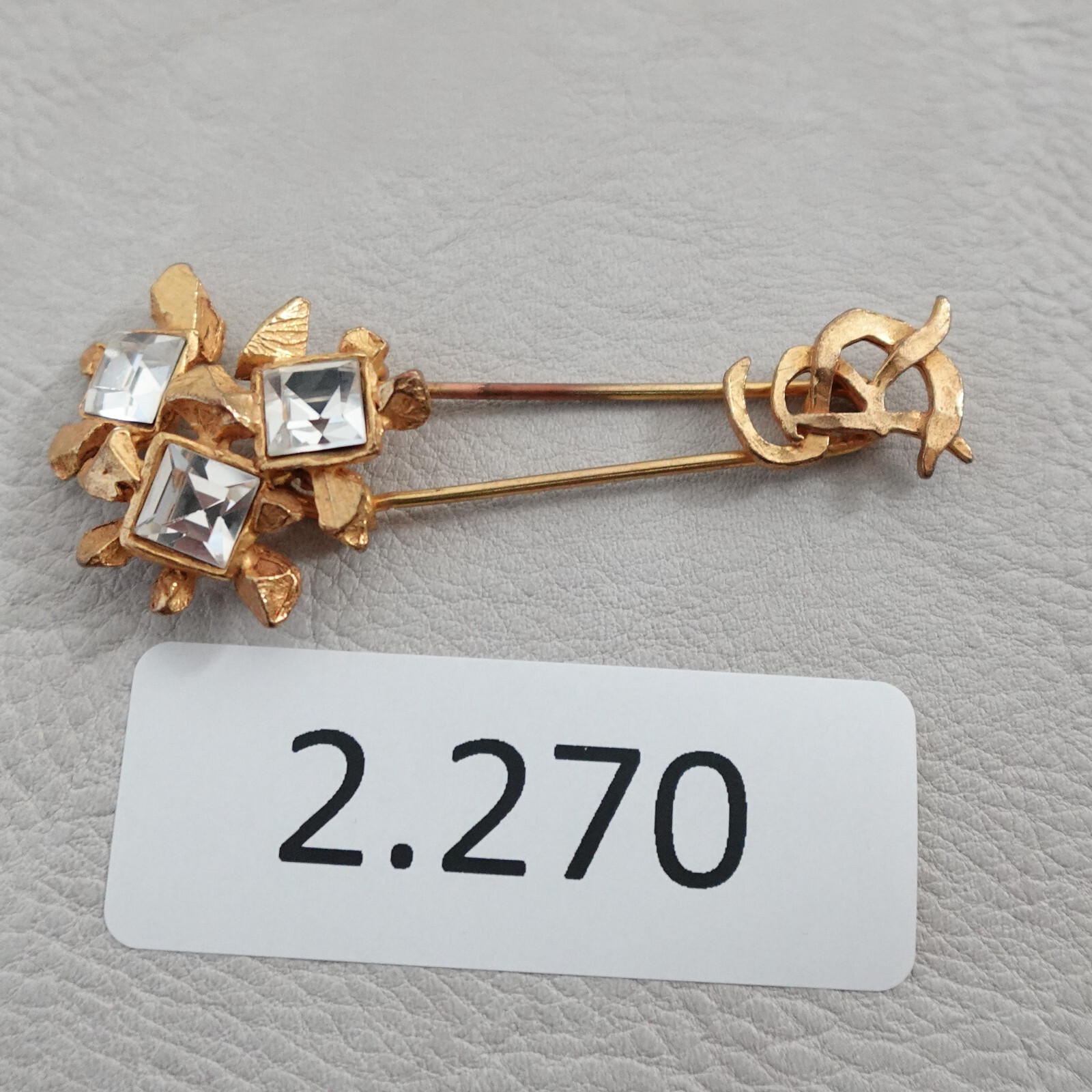 Vintage Brooch Gold Tone Stick Pin Floral Bouquet S R initials Rhinestone