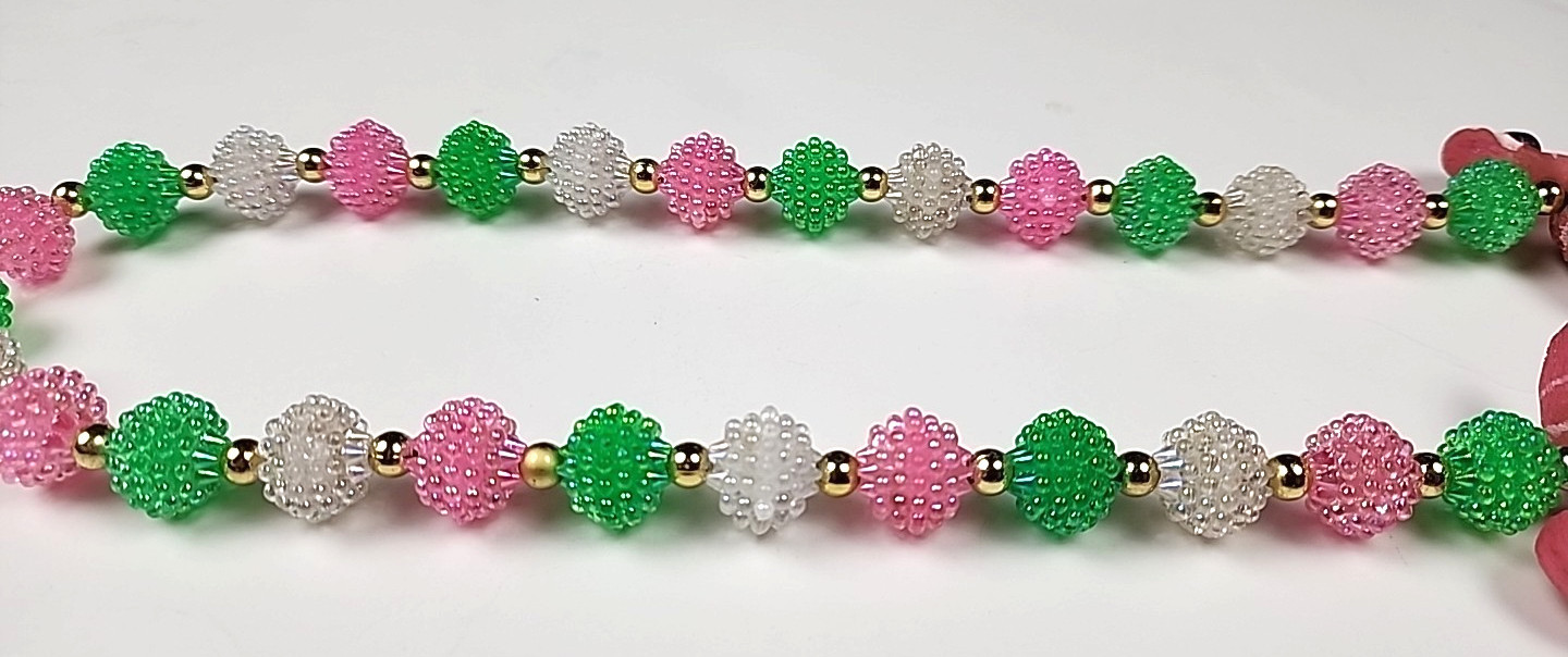 VTG Pastel Resin POPCORN Beaded Flamingo Necklace Pink Green FUN witty Wear