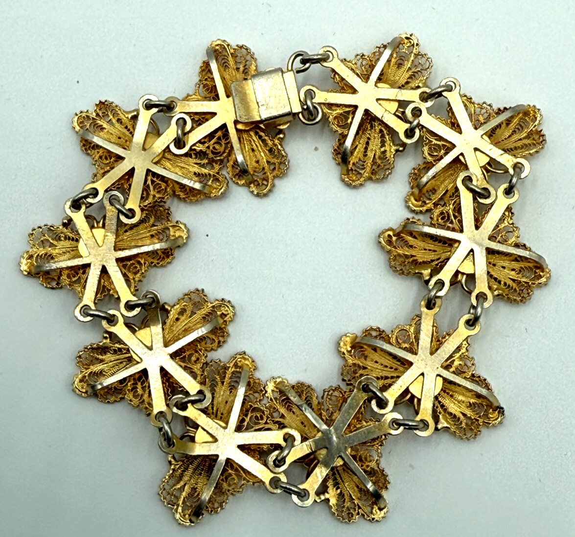 Antique 800 Silver Gold Wash Butterfly Filigree Link Bracelet & Clip On Earrings