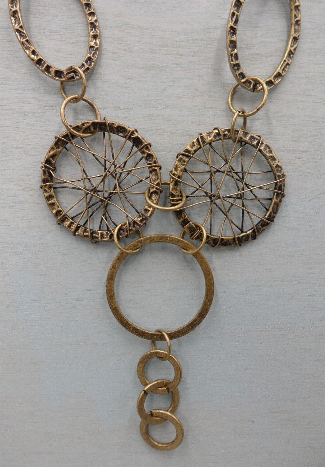 Long Bib Necklace Antique Brass Circle Oval Links Dreamcatcher Wire Wrapped