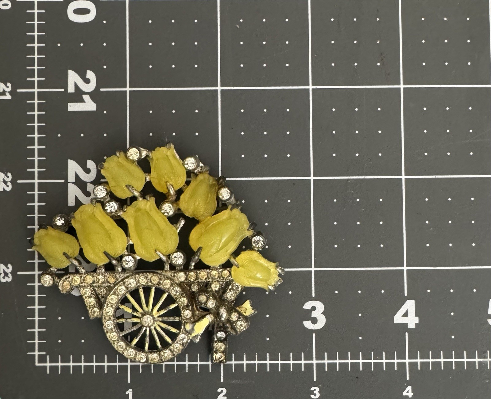 Vintage Costume Yellow Glass Fruit Salad Wheelbarrow Flower Brooch Pin