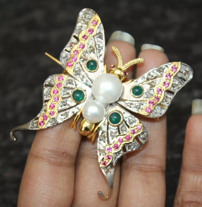 2.40ct Rose Cut Diamond Ruby Emerald Pearl 925 Silver Butterfly Brooch Pin