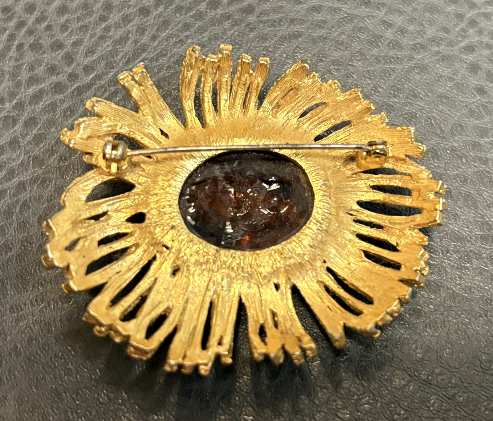 Vintage HUGE Modernist Brutalist Brooch Faux Amber Cabochon Rhinestone Gold Tone