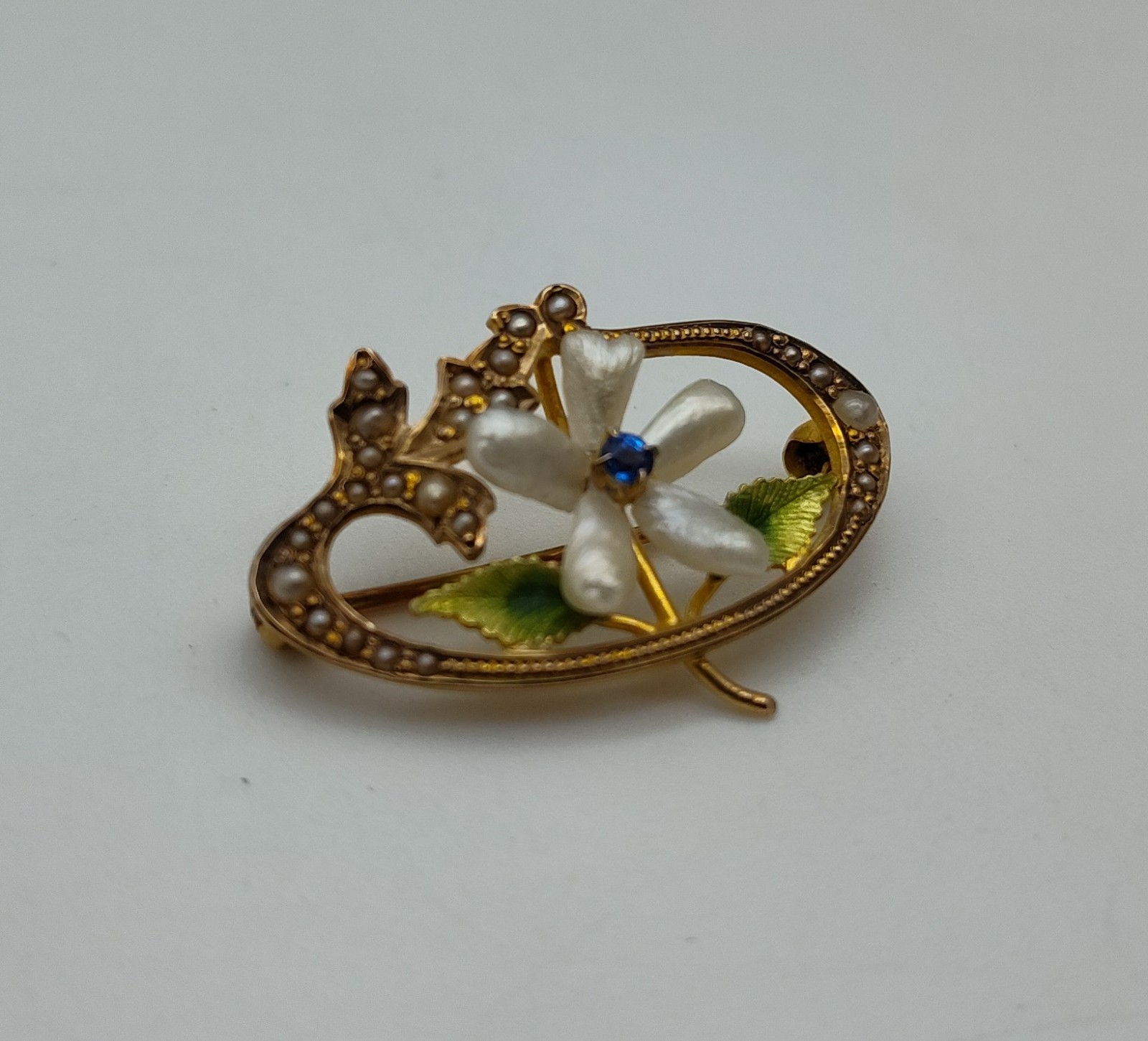 Antique Flower Pearl Blue Stone 10K Yellow Gold Green Enamel Brooch Pin Lapel