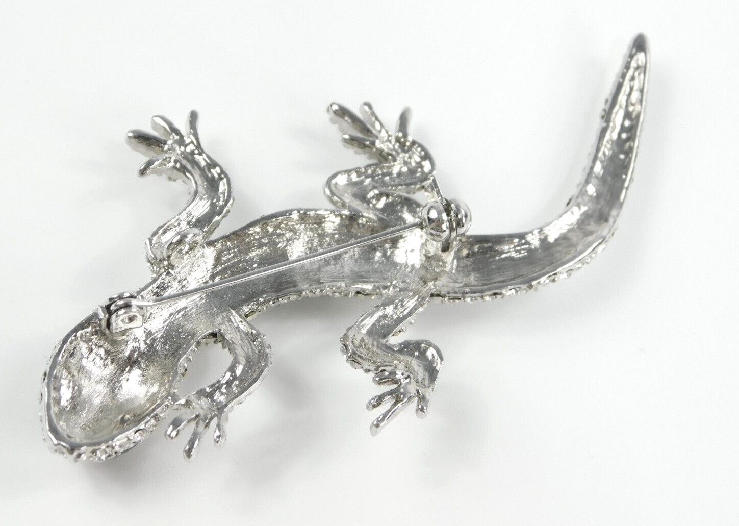 Vintage Clear Pave Glass Rhinestone Lizard Black Eyes Silver Tone Brooch Pin