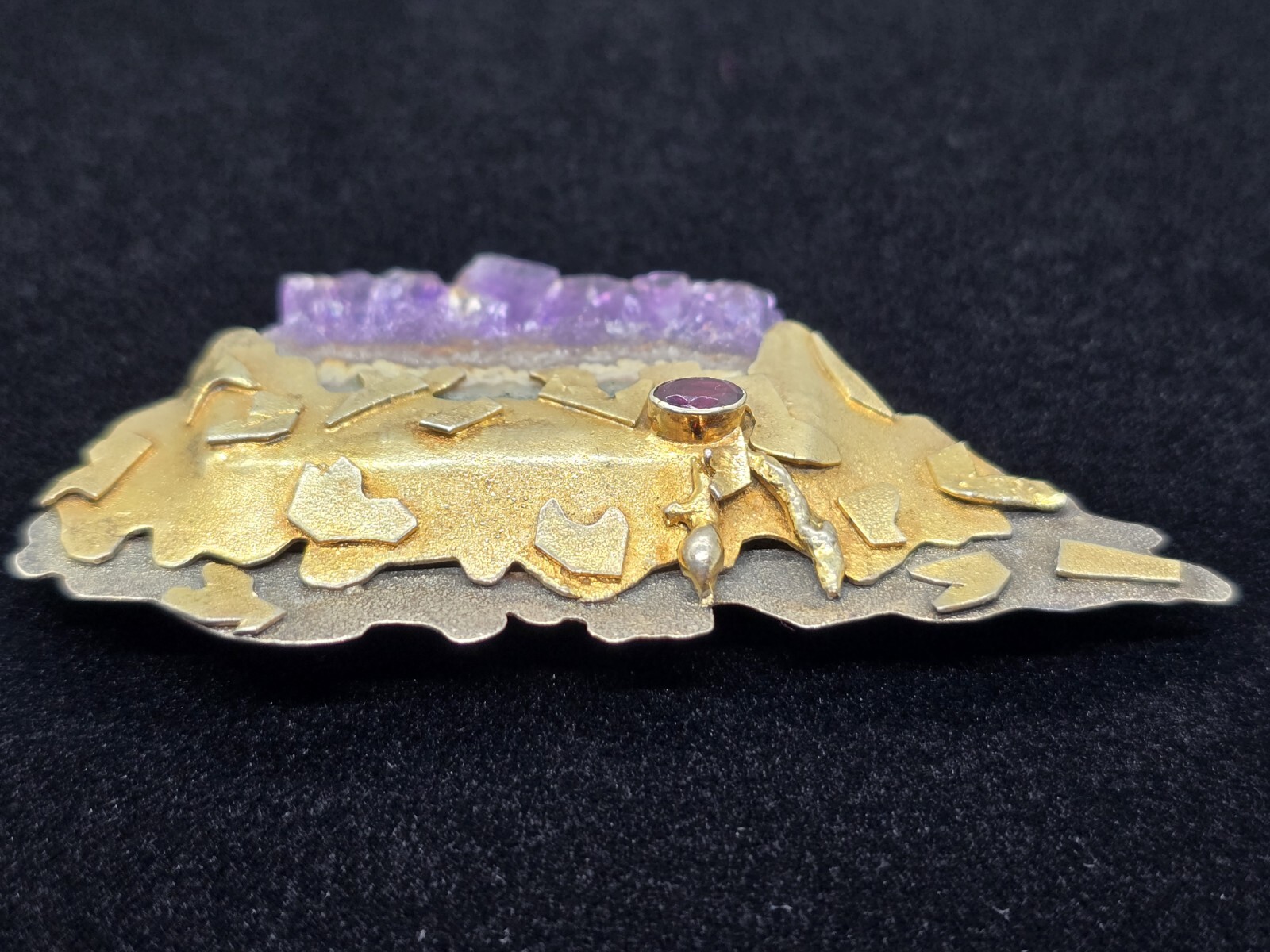 Large Vtg Artisan Sterling Silver Amethyst Geode Gemstone Brooch Pin