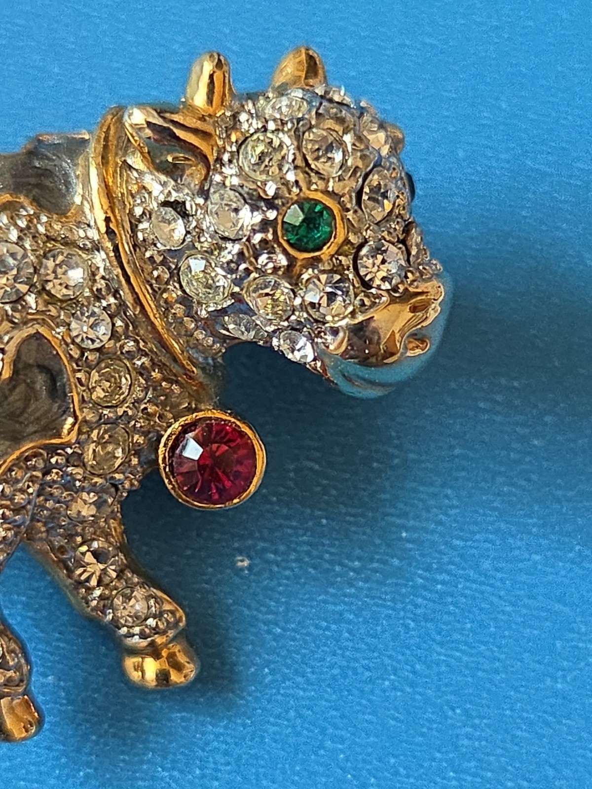 Vintage Cow~Bull Pin/Brooch~Clear, Green & Red Rhinestones & Enamel Goldtone Pin