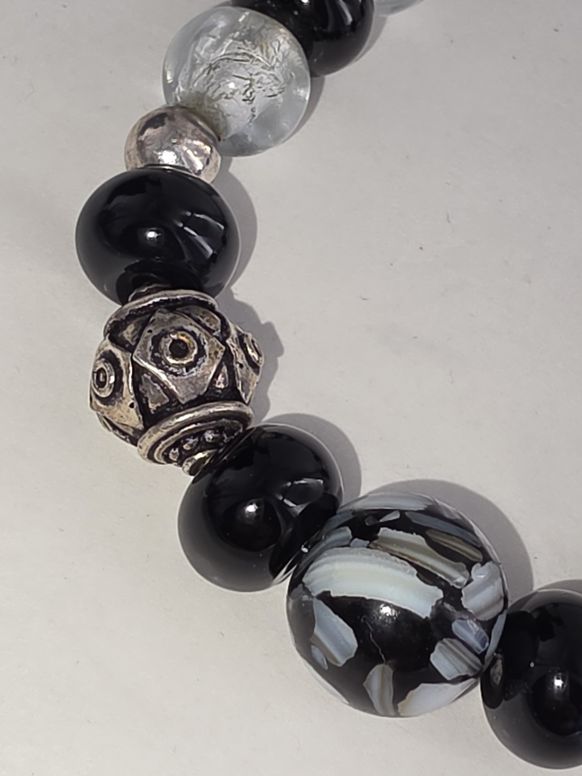 VTG Sterling Black Clear Glass Bead Necklace 60.97g