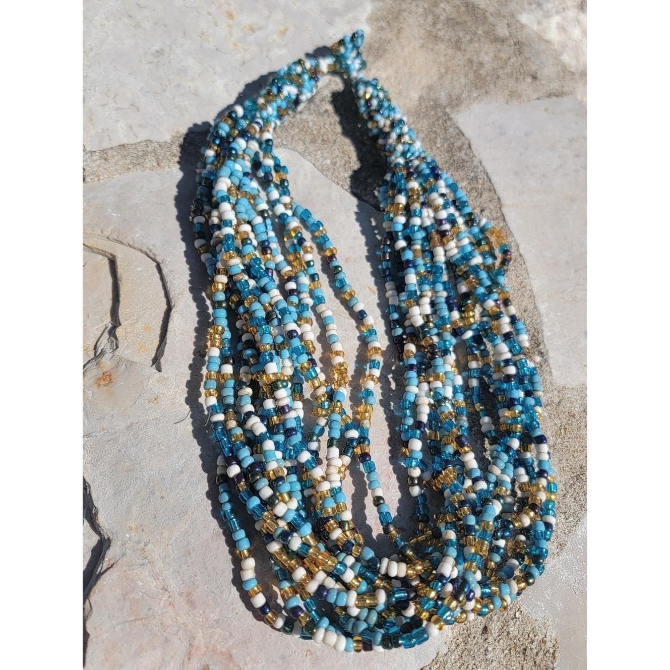Vintage Blue White Gold Multi Strand Seed Bead Necklace Boho Statement Unsigned