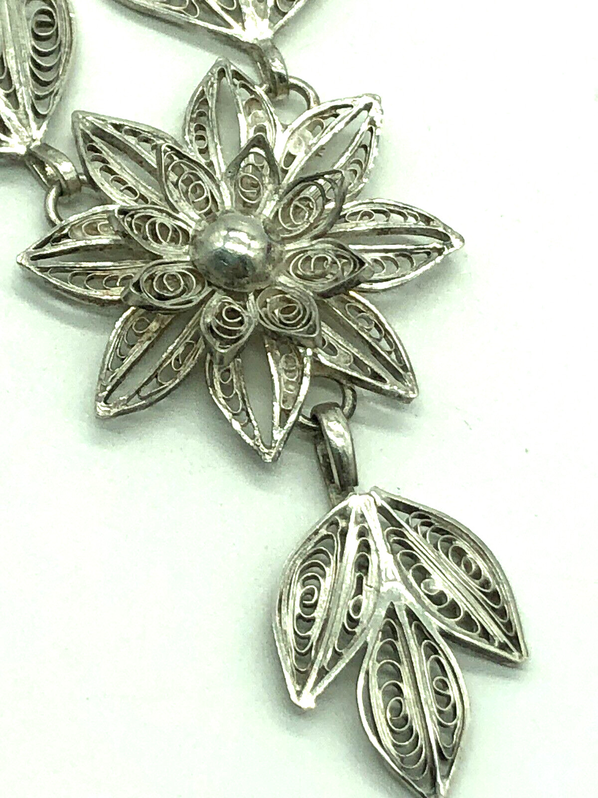 Filigree Necklace Cascading Leaves & Flower Sterling Silver 20+” Antique 1900s