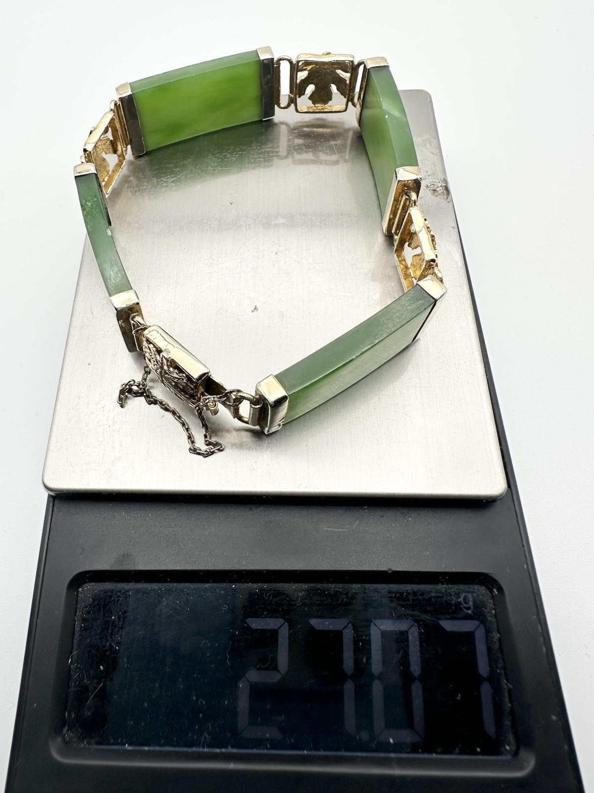 Vintage Gold Over Sterling Silver Natural Nephrite Jade Maple Leaf Bracelet 7.75
