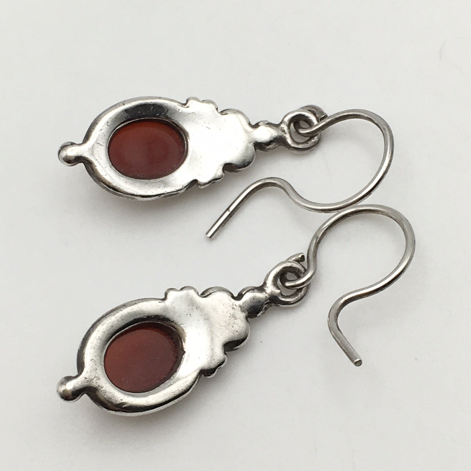 Vintage Sterling Silver Oval Red Orange Stone Hook Dangle Earrings 3.9g #65