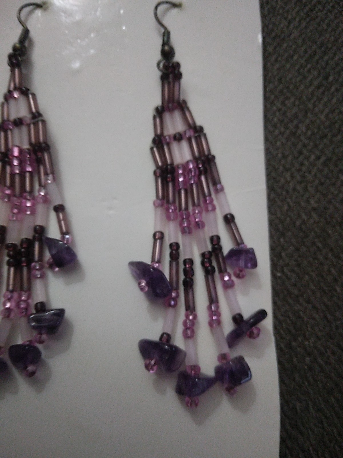 Vintage Dangle Seed Bead Beaded Earrings Long Purple Pink White 3.25″Long