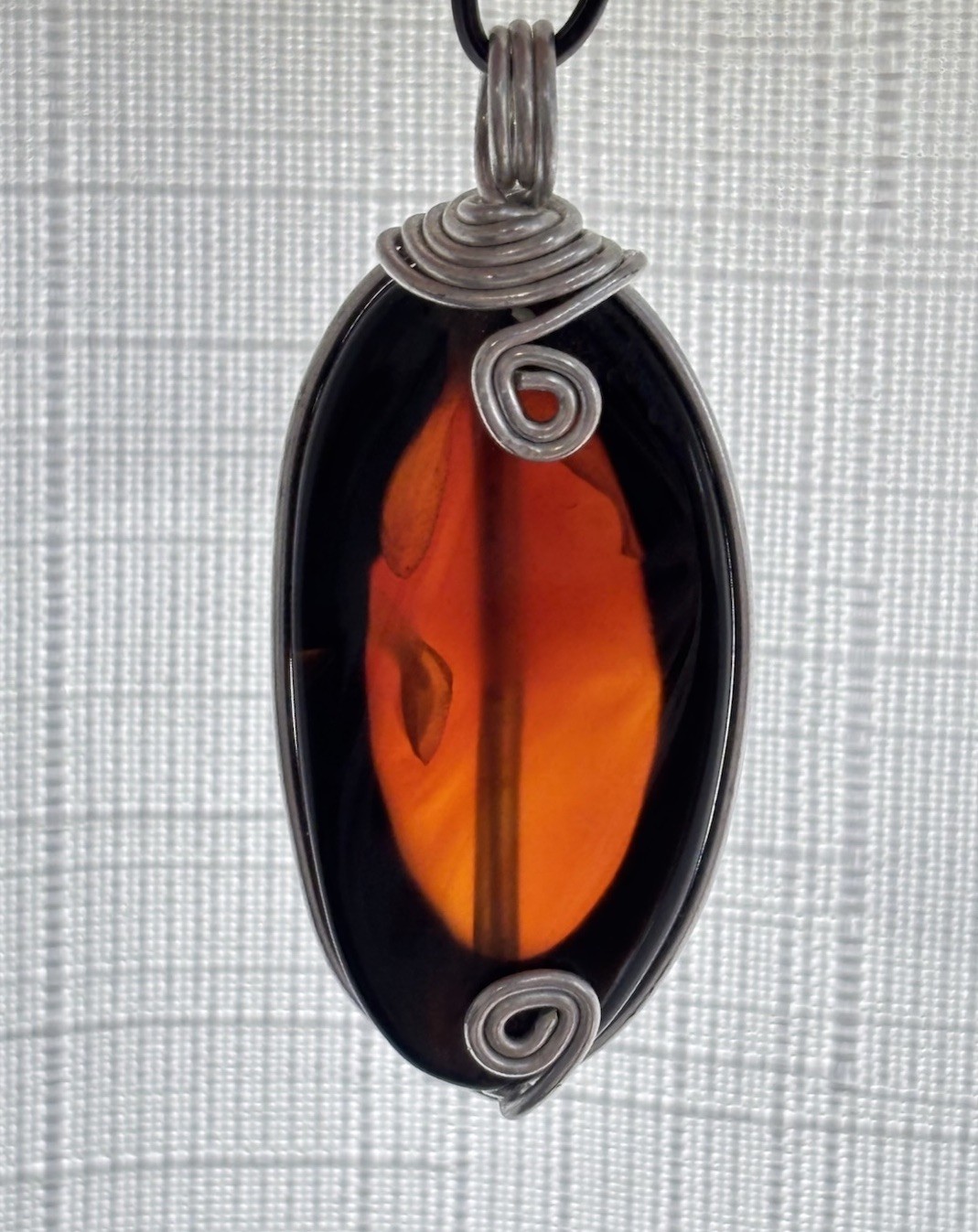 Handmade Wire Wrapped Pendant Dk Amber Orange Translucent Stone or Glass Artisan