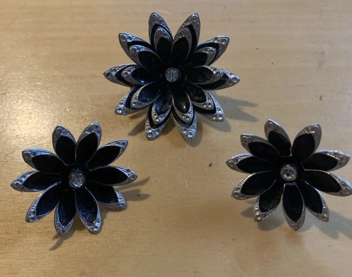 Vintage Made In Germany Brooch And Clip On Earrings Black With Rhinestone Center