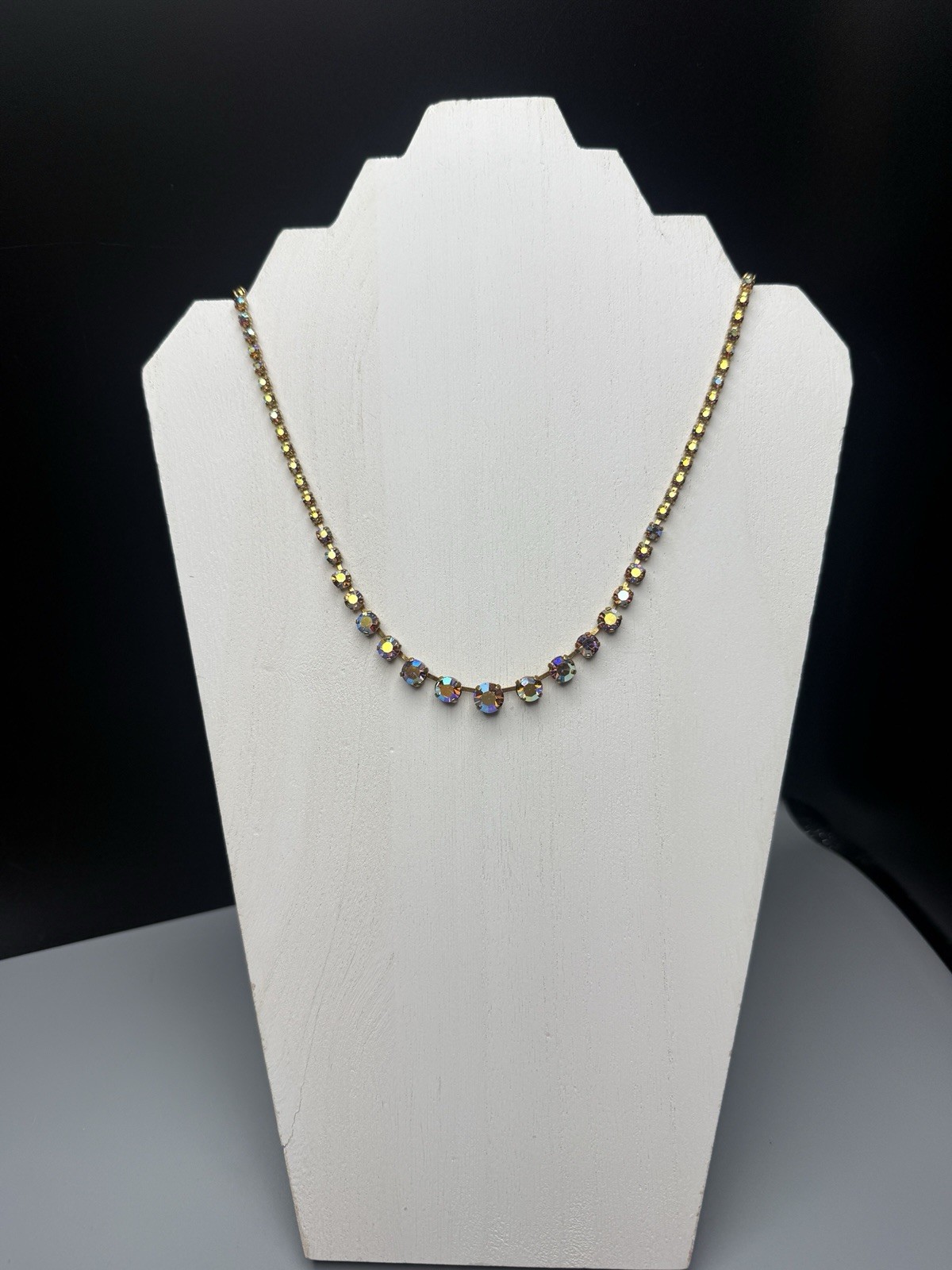 Austrian AB Crystal Rhinestone Necklace Vtg 17.5-18.5” Graduated Stones 8-3mm