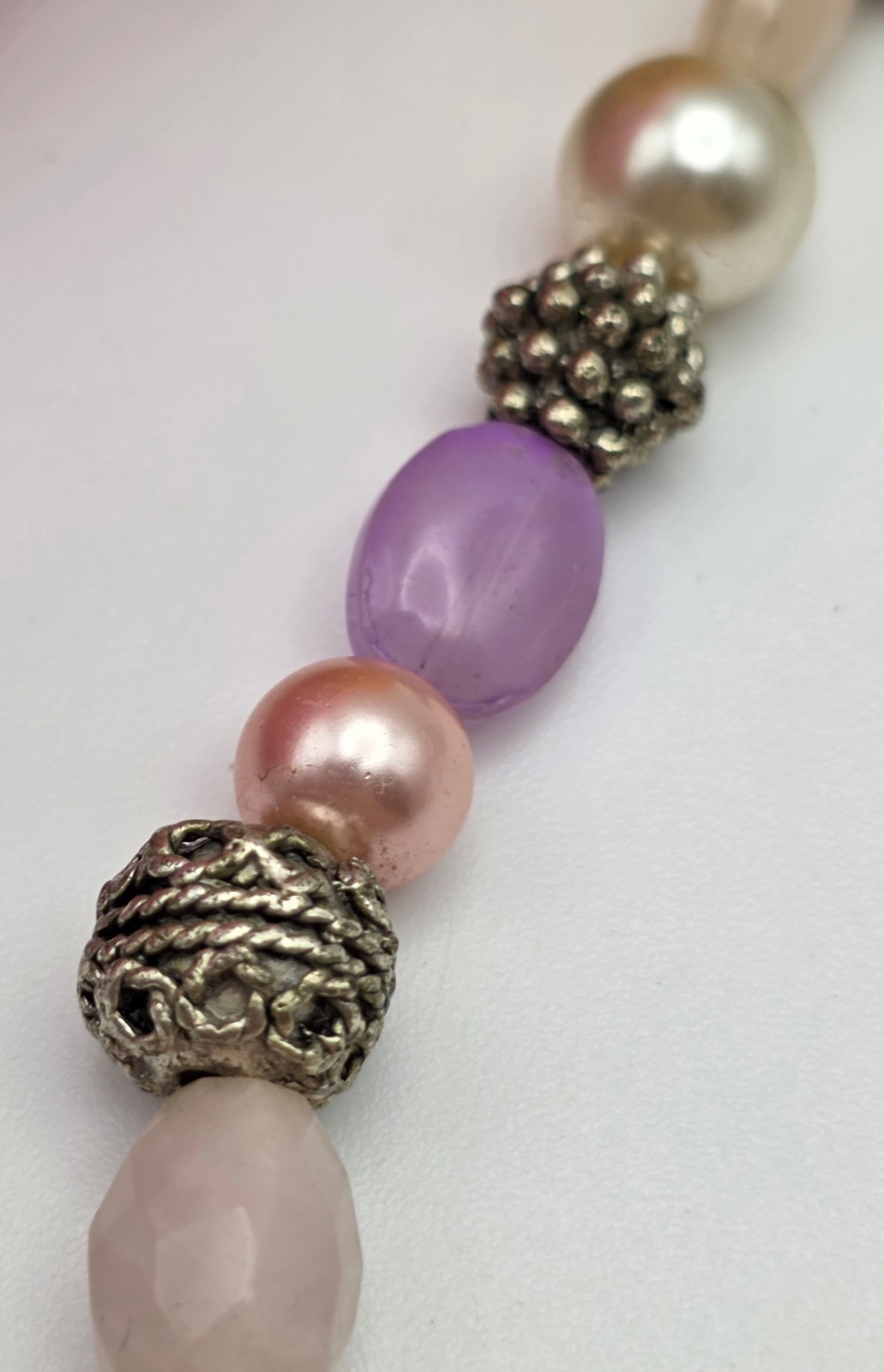 Vintage George Pink Lavender Lucite Faux Pearl Beaded Necklace 18 In Silver Tone