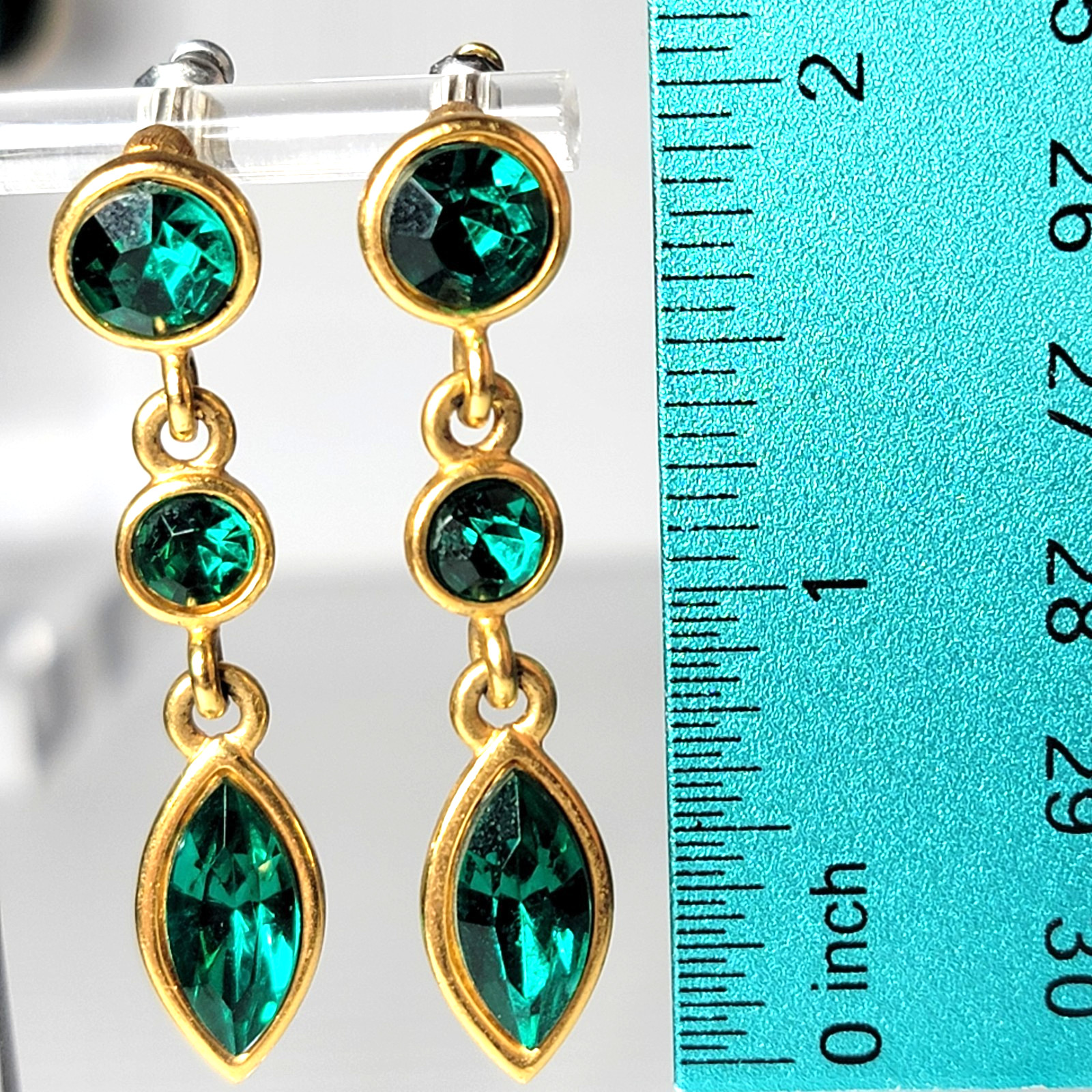 Vintage Napier Dark Green Faux Emerald Earrings 2″L Gold-tone, signed