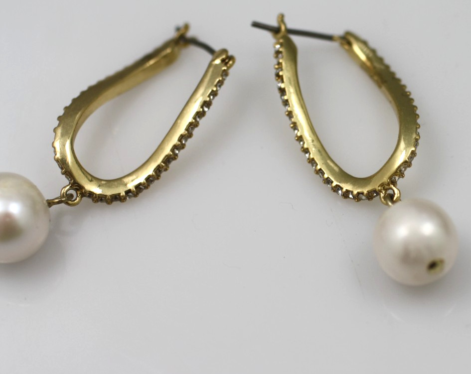 J. Crew Freshwater Pearl clear Crystal Gold tone drop dangle earrings posts