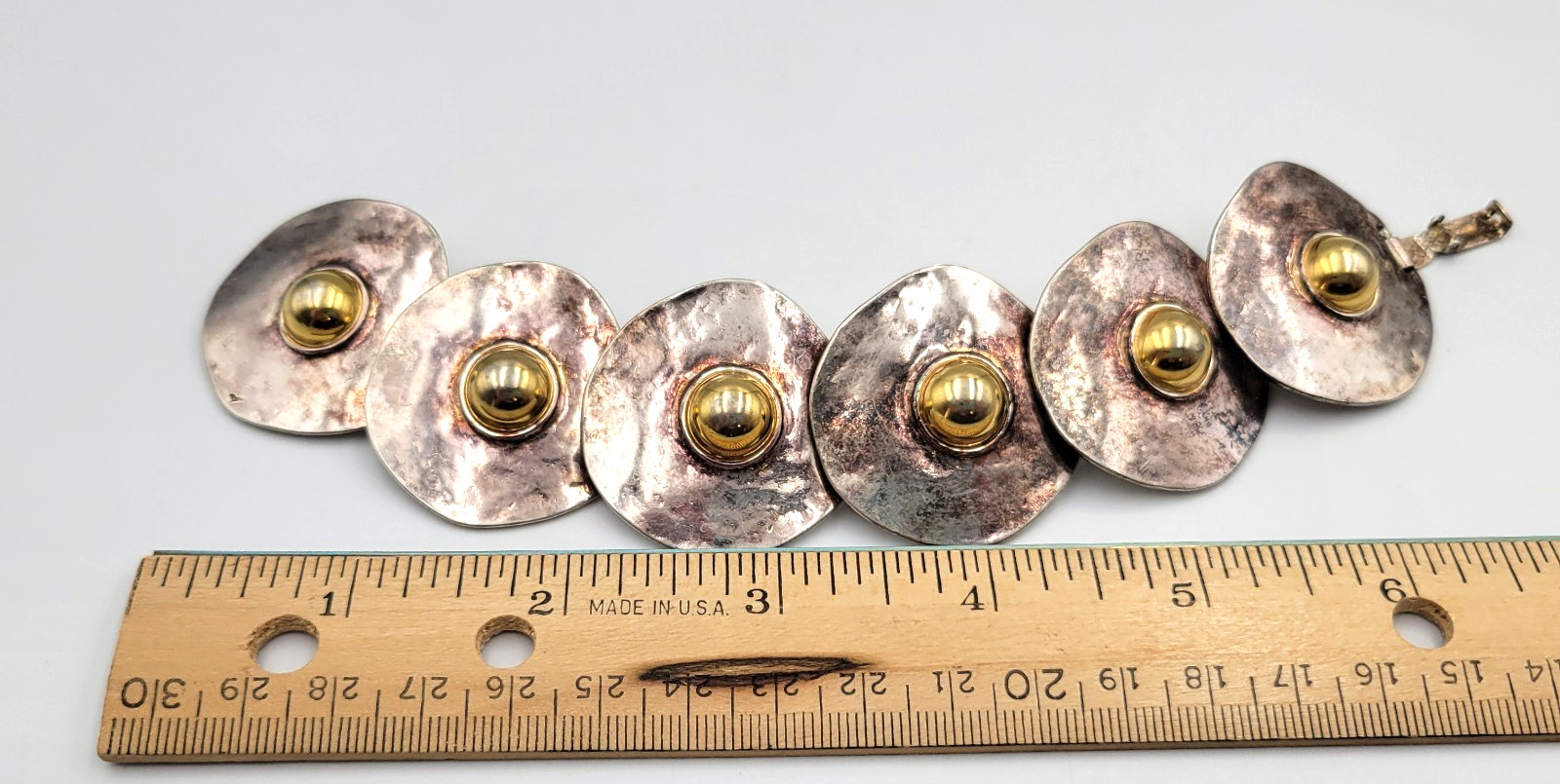 Brutalist Style Jewelry Set Hammered Disc Bracelet Clip on Earrings READ
