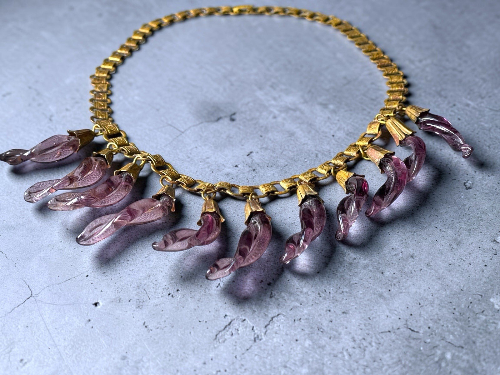 Victorian Book-link Chain Purple Twisted Czech Art Glass Festoon Bib Necklace