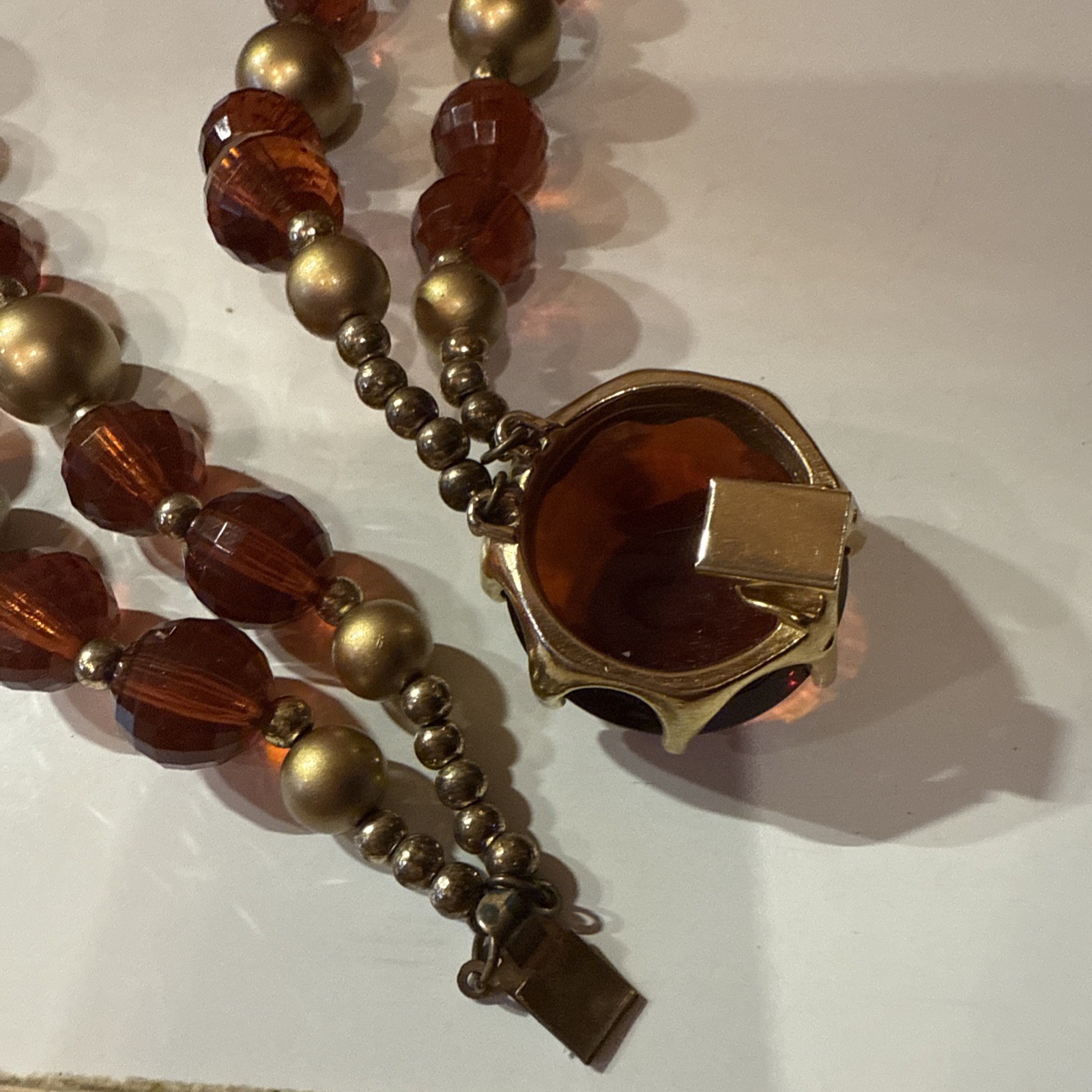 VTG Lucite Beaded Two Strand Necklace Two Tone Honey Amber Gold Faceted 16”