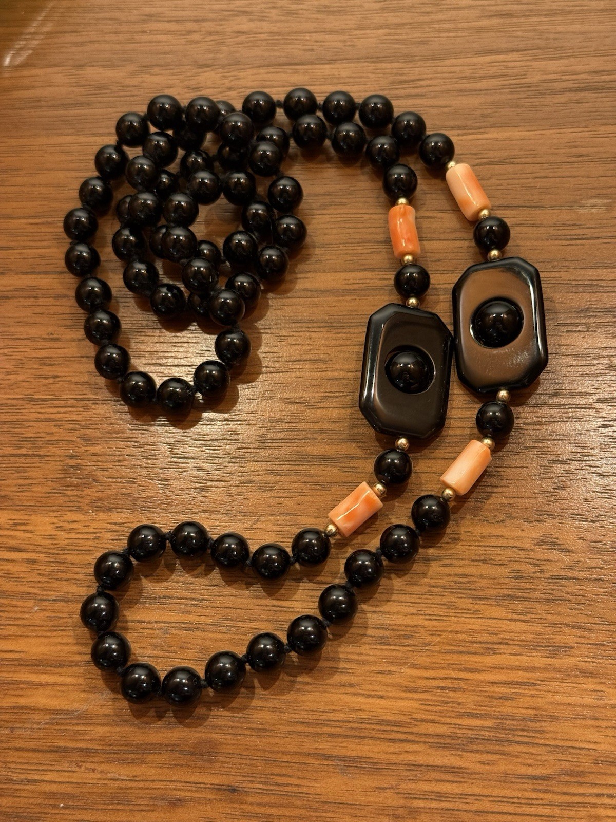 Vtg Black Onyx Pink Angel Skin Coral Necklace Chunky Statement Deco Geometric