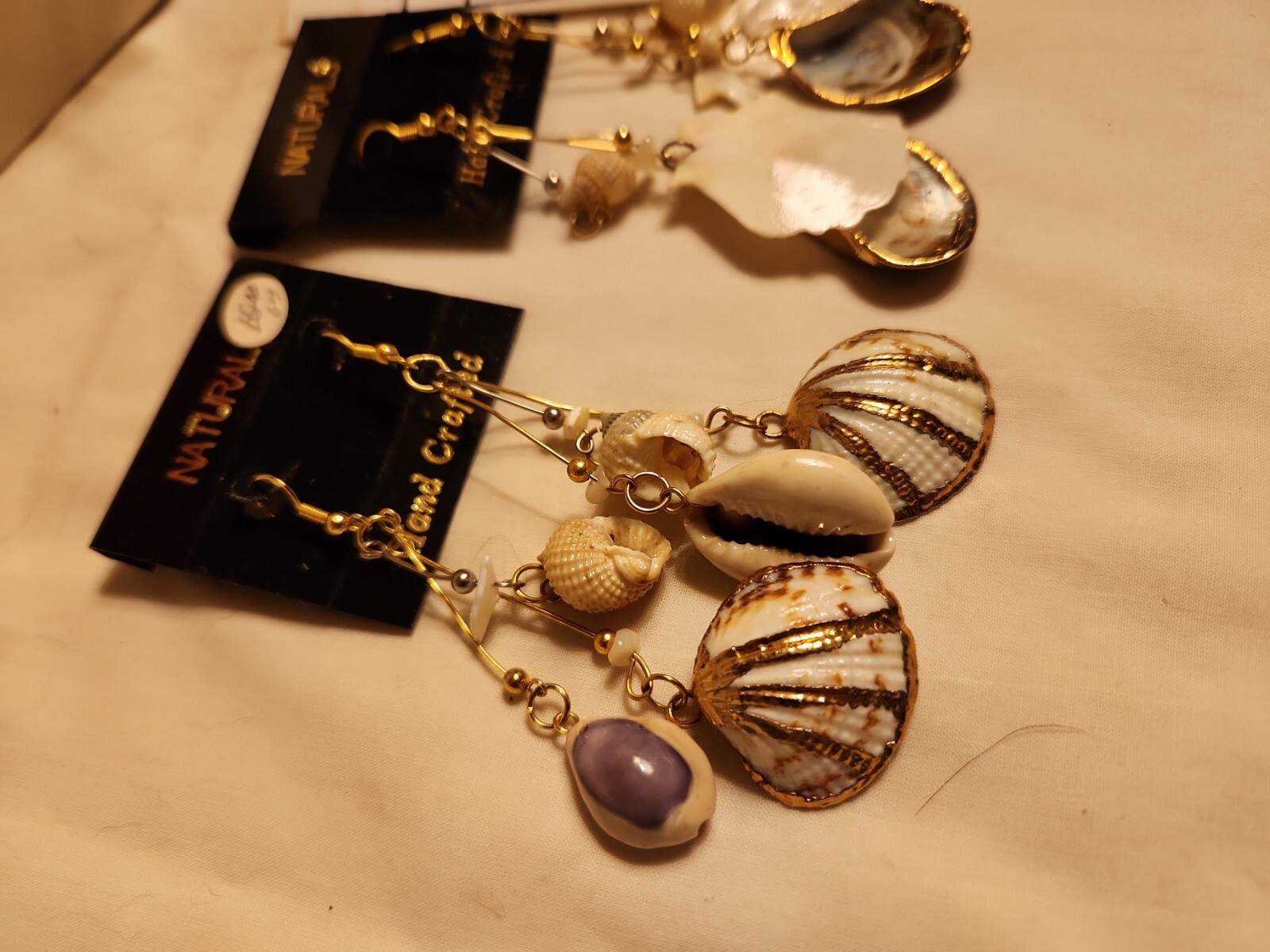 Vtg Sea shell pendant gold trim foil natural estate Lot 4″Dangle Earring Jewelry