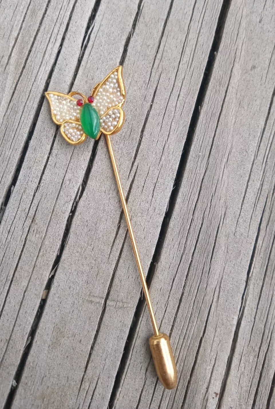 BSK Butterfly Stick Pin Hat Pin Glass Beading W Red Rhinestone Eyes