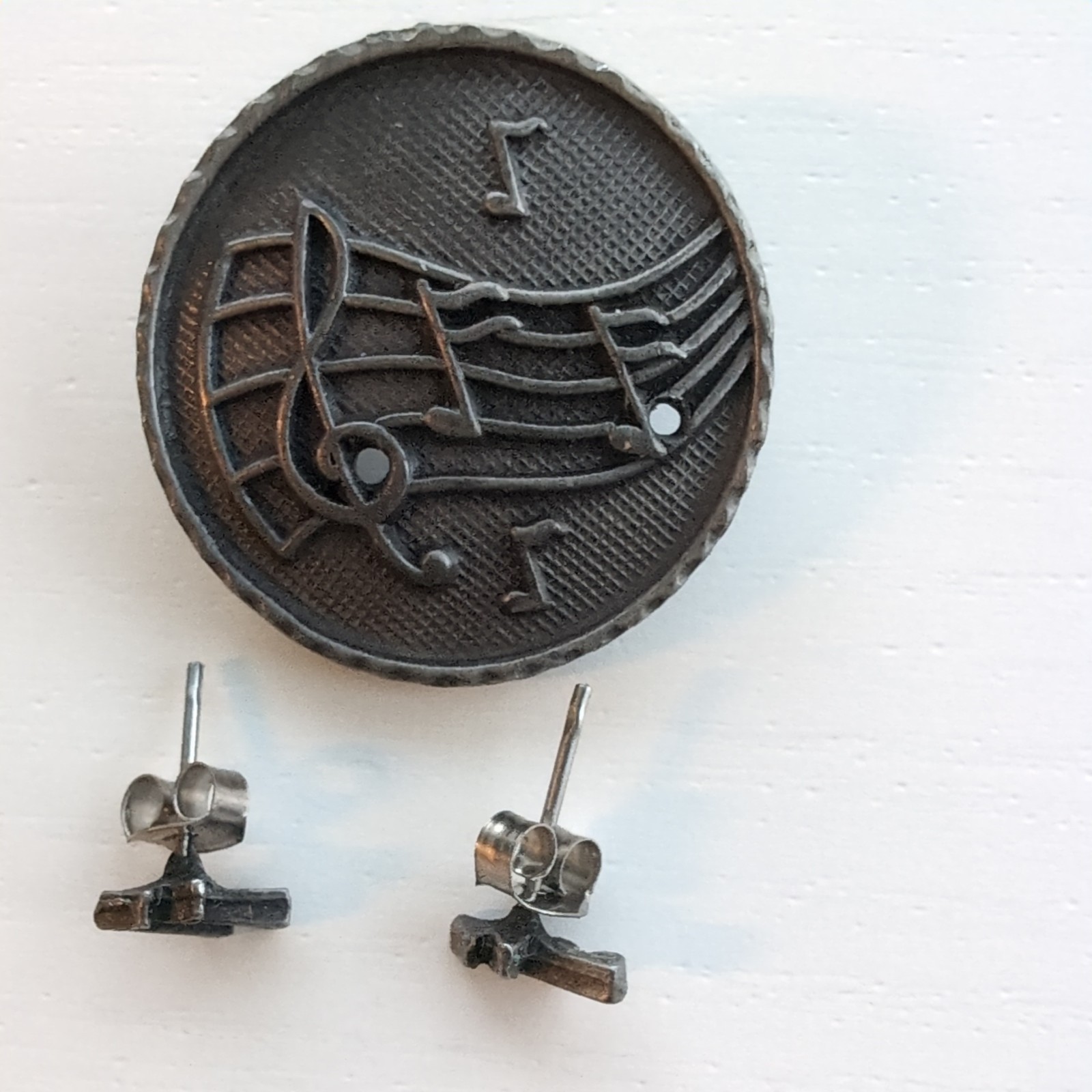 VTG Torino Brooch Earrings Pewter Silver-tone Music Musical Notes Jewelry Set 1″