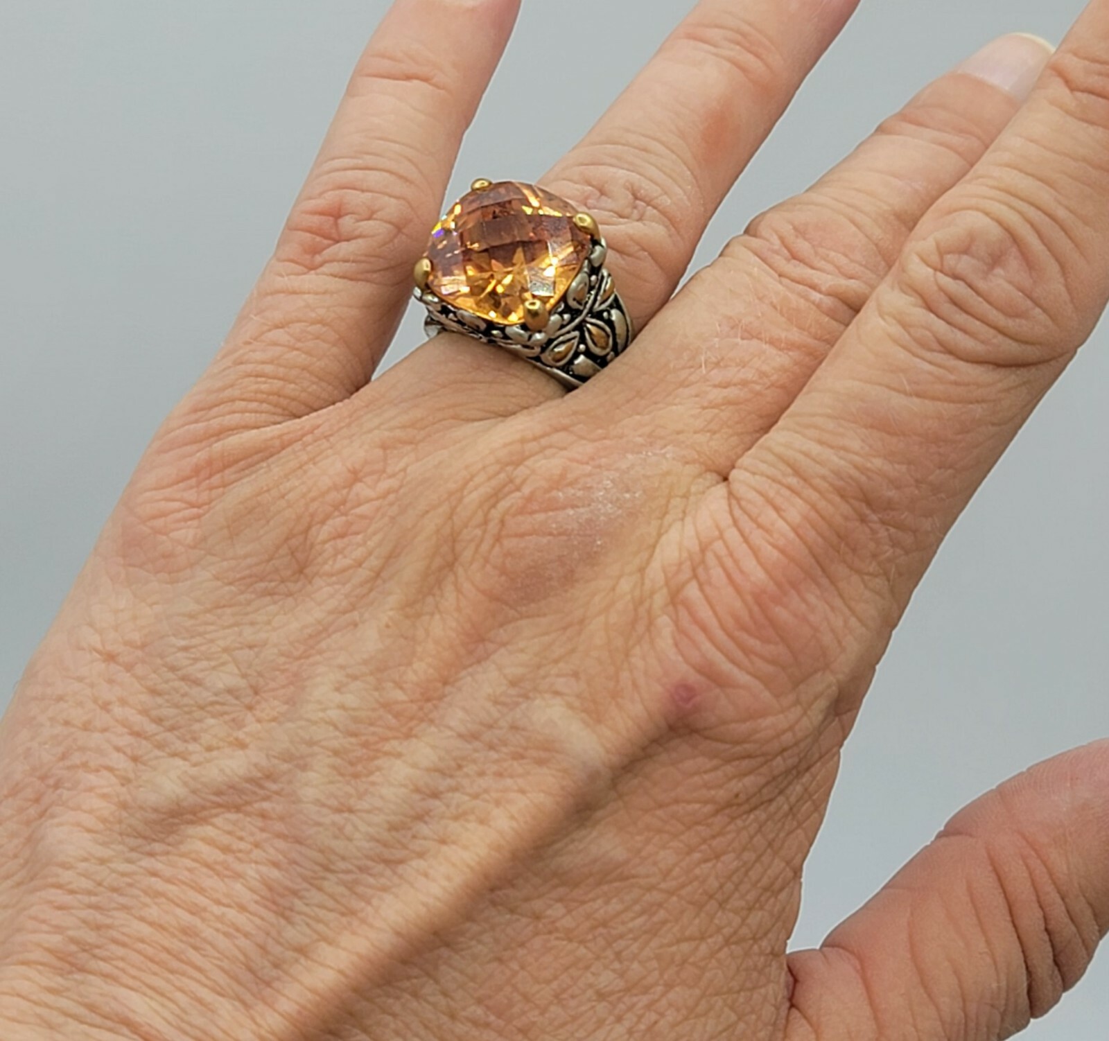 Vtg Sz 6 Ring Lg Citrine Topaz Cubic Zirconia Flower Medieval Fashion Jewelry