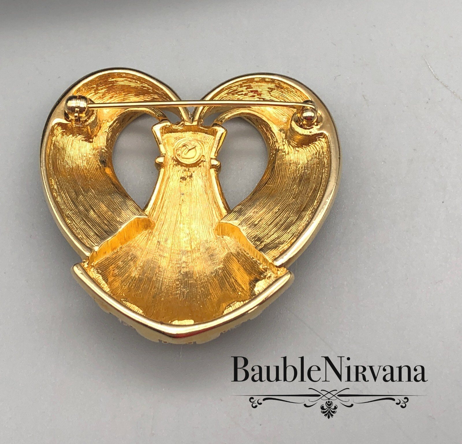 Vintage Swarovski Black Enamel & Clear Austrian Crystal Heart Ribbon Brooch Pin