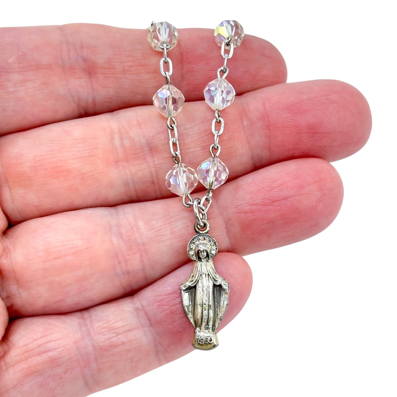 Vintage Sterling Silver 925 Crystal Rosary Necklace 17″