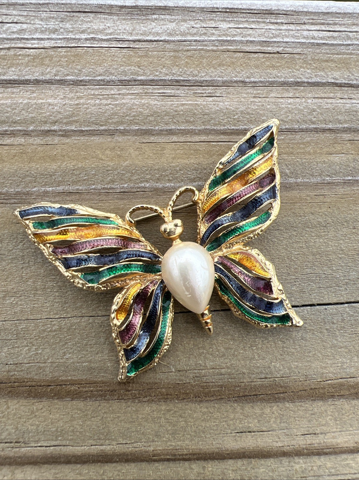 FO Fernando Originals Butterfly Brooch Pin Ribbon Enameled Wings Faux Pearl B5
