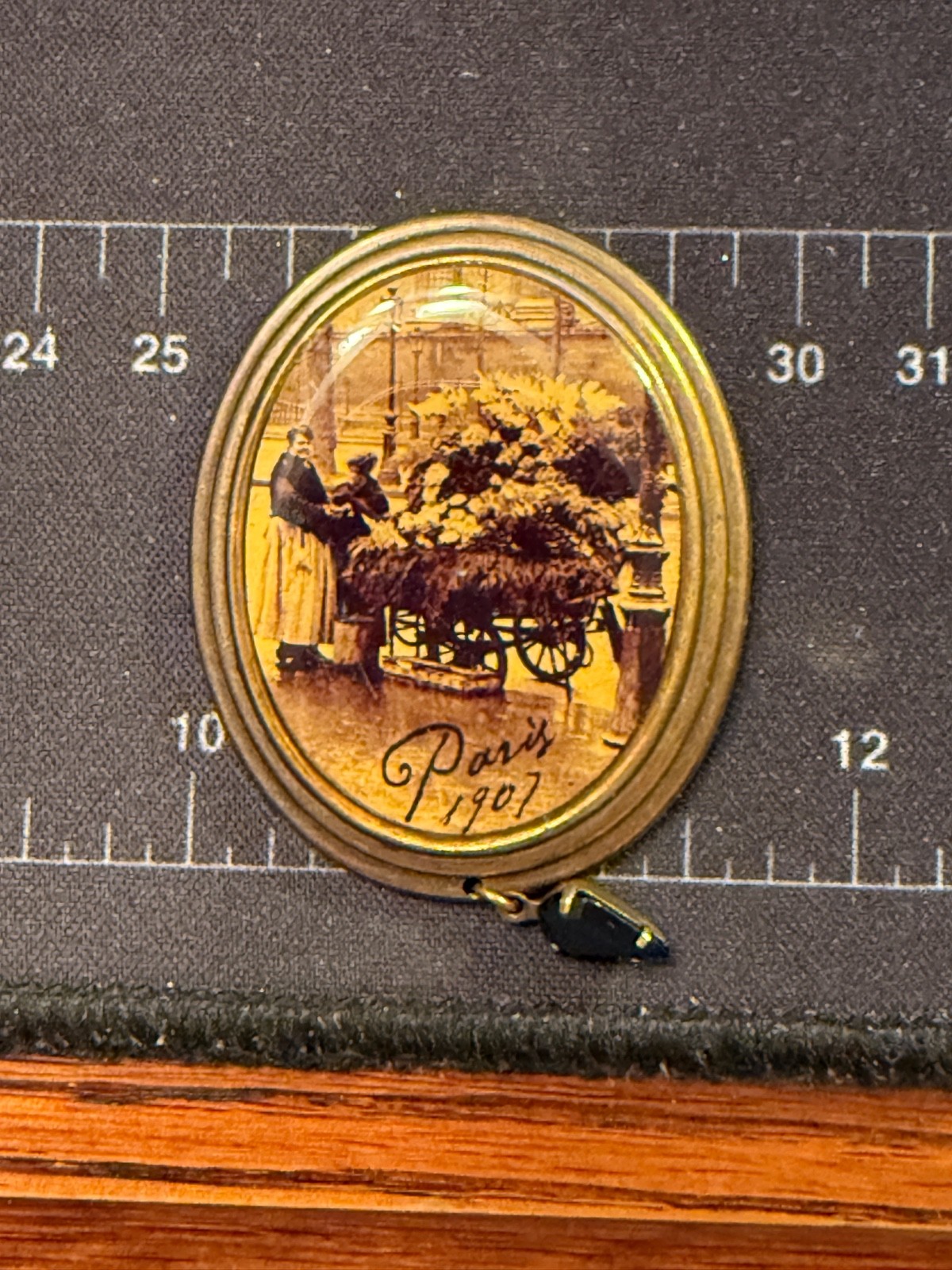 Antique Brooch w/ Picture of Flower Cart & Woman Dated Paris 1907 w/ Black Stone