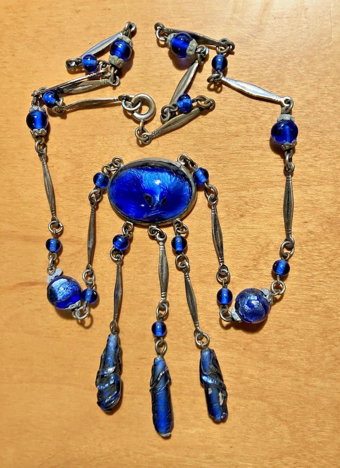 Vtg ART DECO CZECH blue foil GLASS drop pendant NECKLACE 3 “torpedo beads”