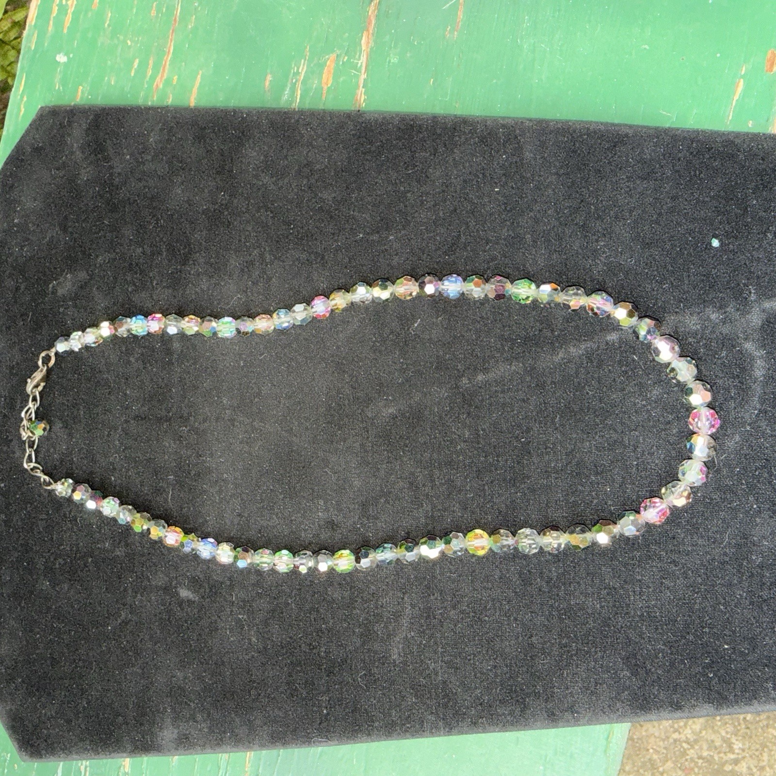 Vintage One Strand Aurora Borealis Rainbow Crystal Glass Faceted Necklace 18″