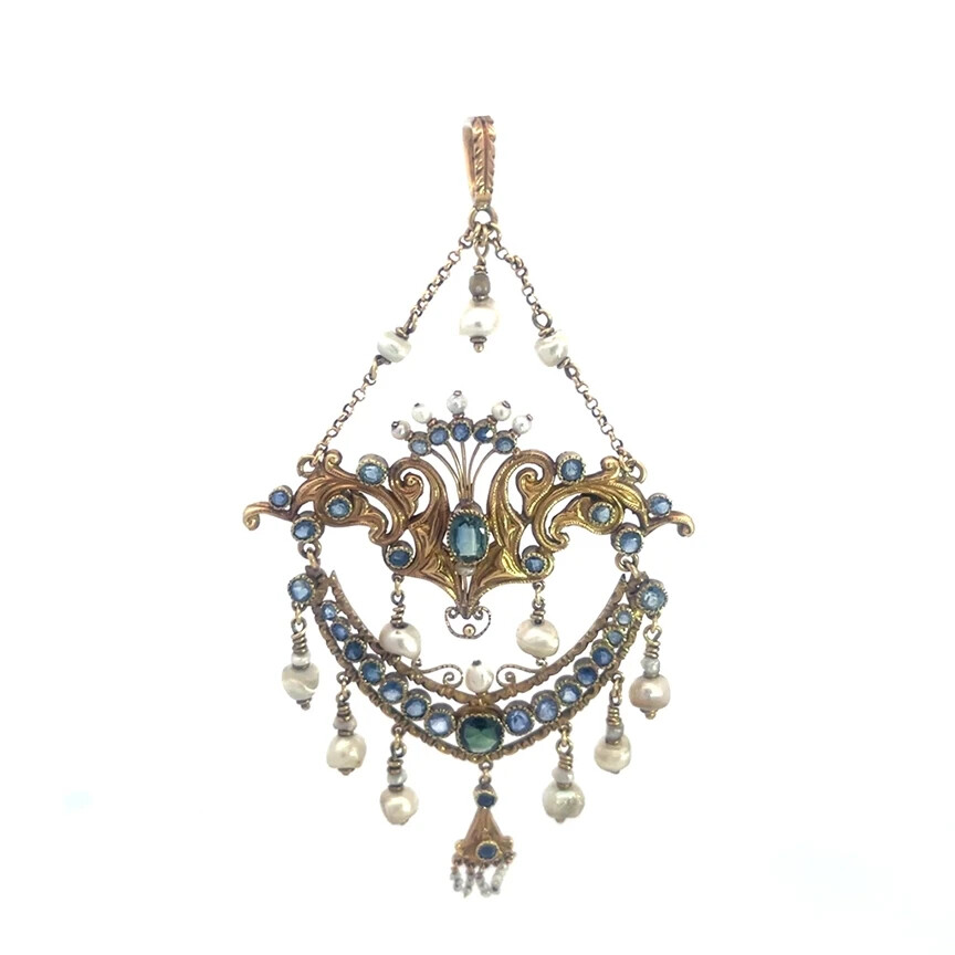 Victorian Gold & Gems Pendant 18k 17k Yellow Large Lavalier Style