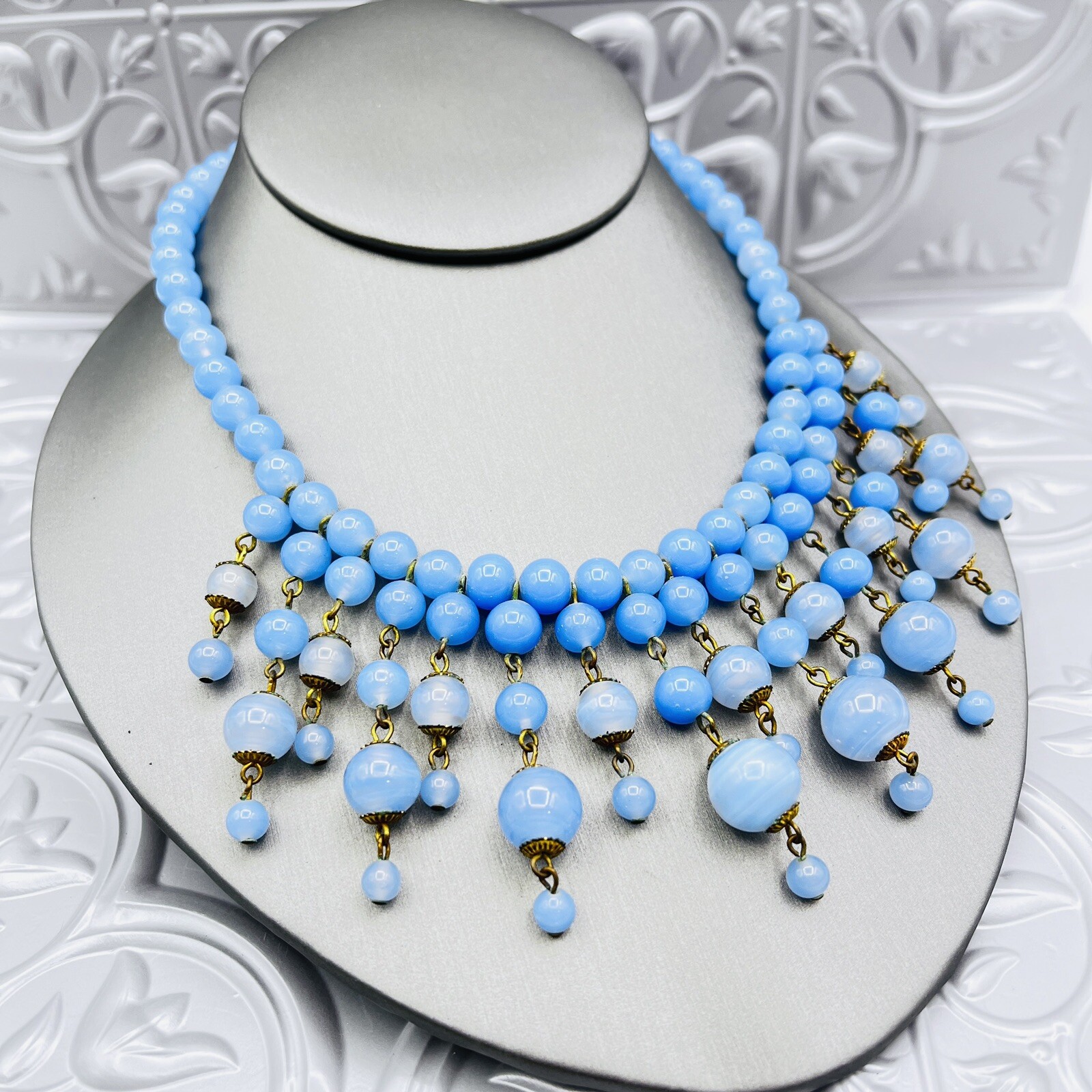 Vintage Periwinkle Blue Czech Glass Beaded Fringe Bib Necklace 16″