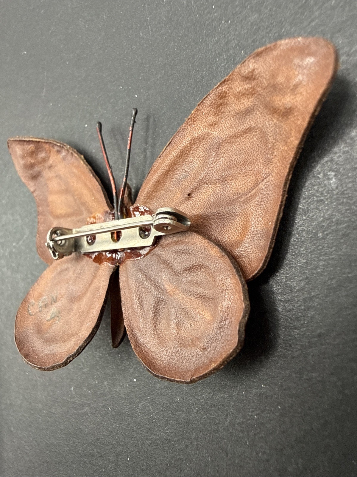 Artisan Signed Tooled Leather Butterfly Brooch Pin J15b