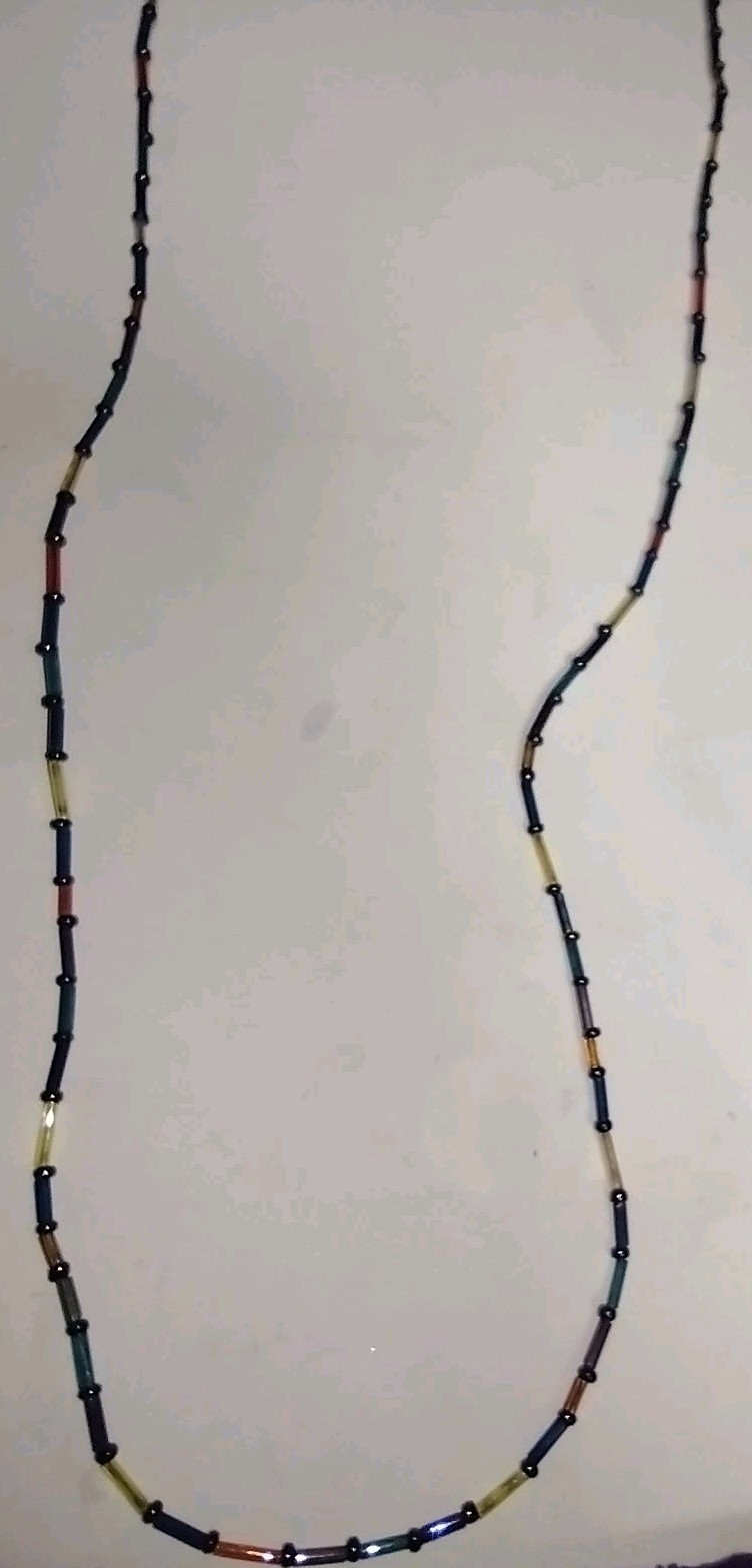 Vintage Tube Glass Bead Necklace Colorful 31″ 2.1mm Wide Beads Very Light Weight