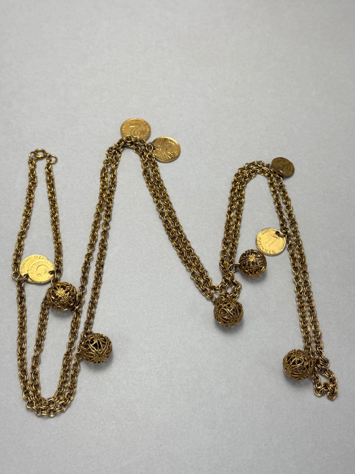 Long Gold Tone Coin Charm Necklace Filigree Ball Accents Boho Vintage