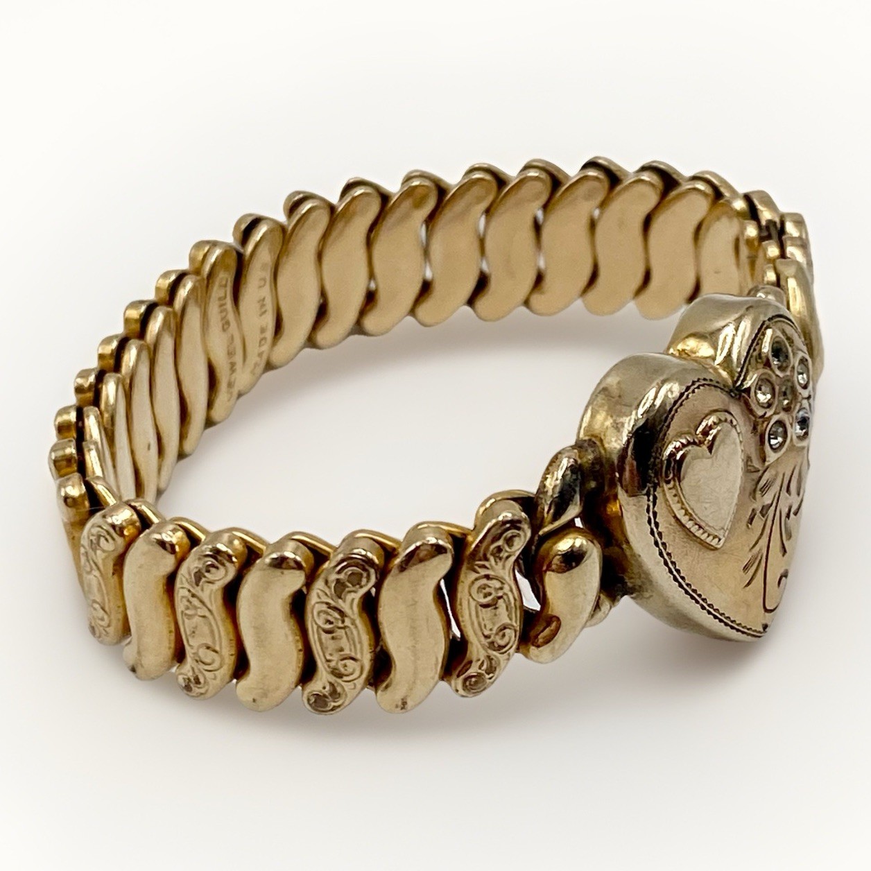 WWII Sweetheart Heart Expansion Bracelet Jewel Guild Gold Filled Rhinestone