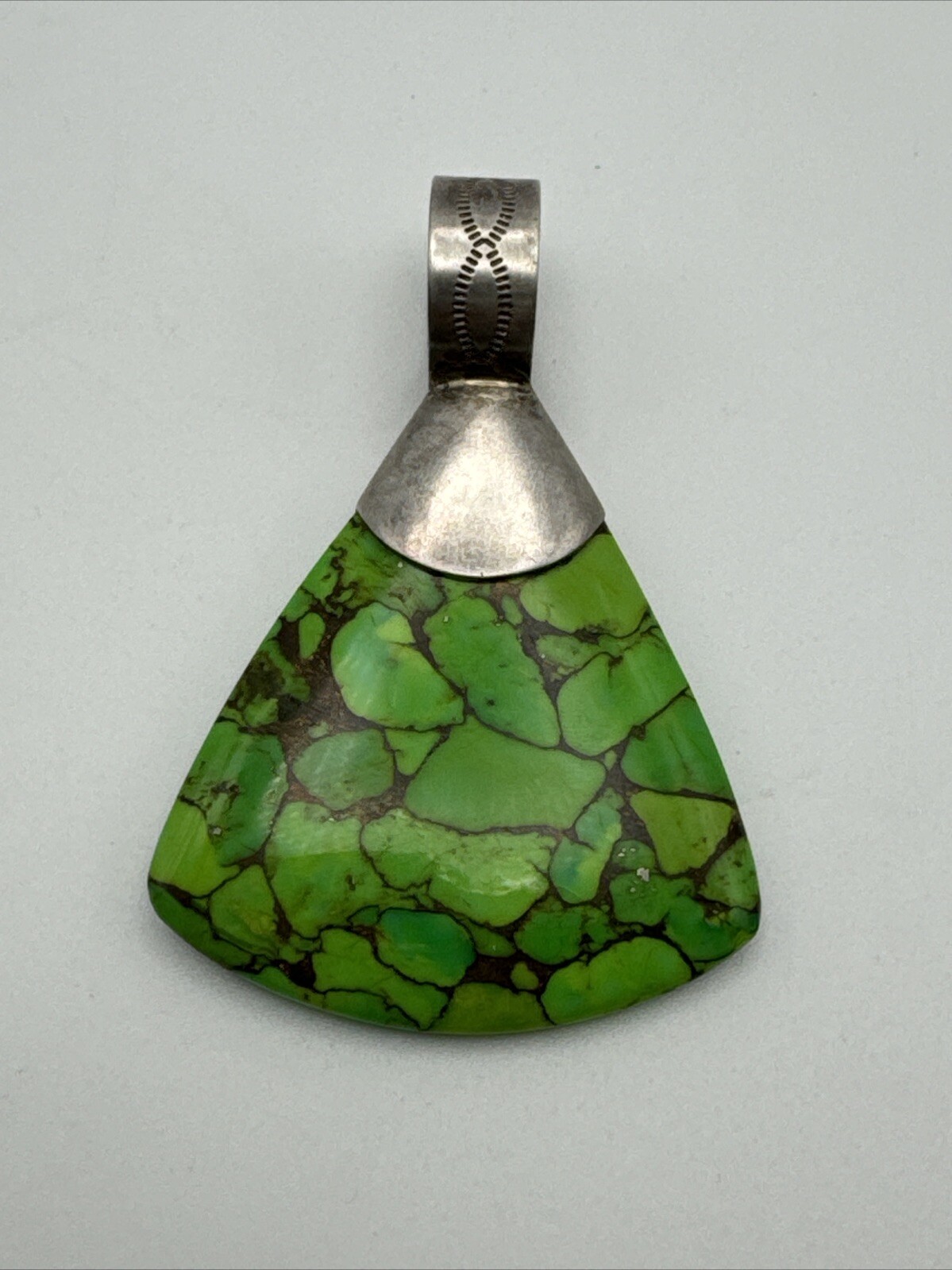 Vintage Sterling Silver w/ Green Stone 2.5″x 1 5/8″ Pendant, 21.4g